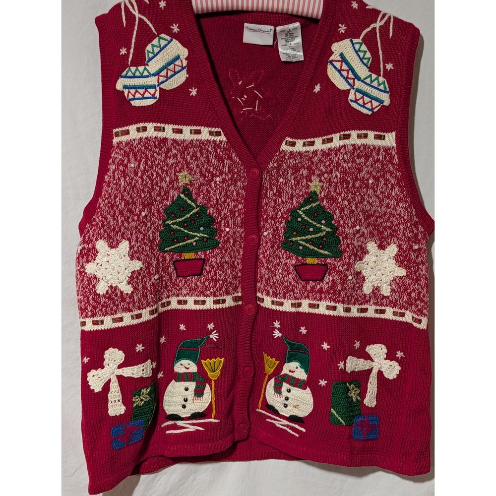 Bobbie Brooks Christmas Sweater Vest Women's L 12/14 Holiday Snowman Tree Knit